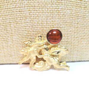 Vtg Lee Sands Baltic Amber Gold Toned Cherub Brooch Signed